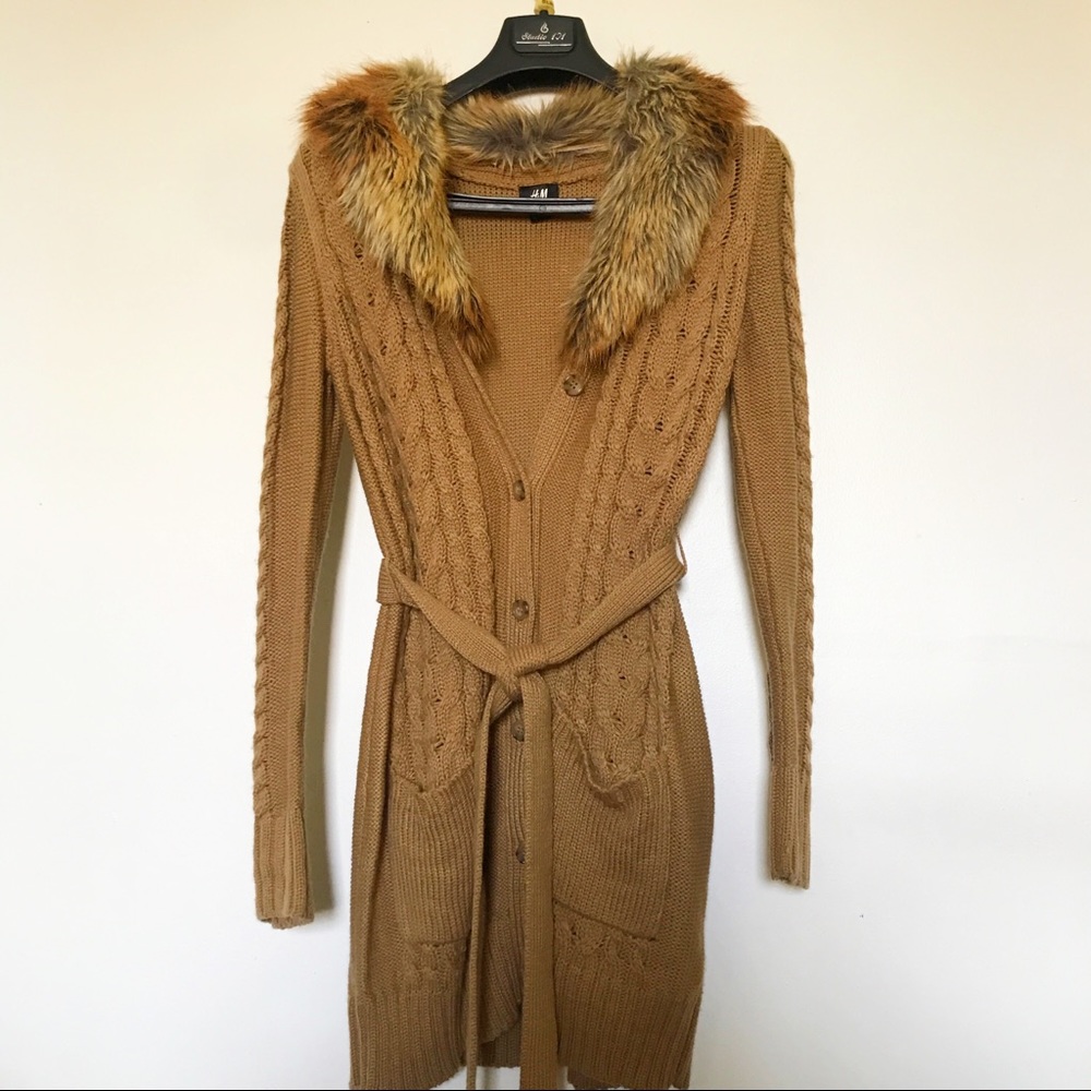 H&M Brown Faux Fur Collar Cardigan S